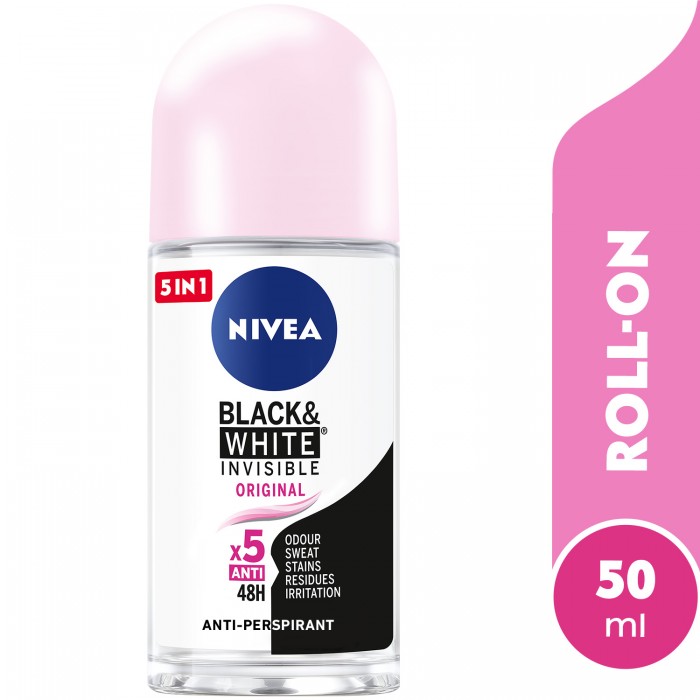 NIVEA Antiperspirant Roll-on for Women, 48h Protection, Black & White Invisible Original, 50ml