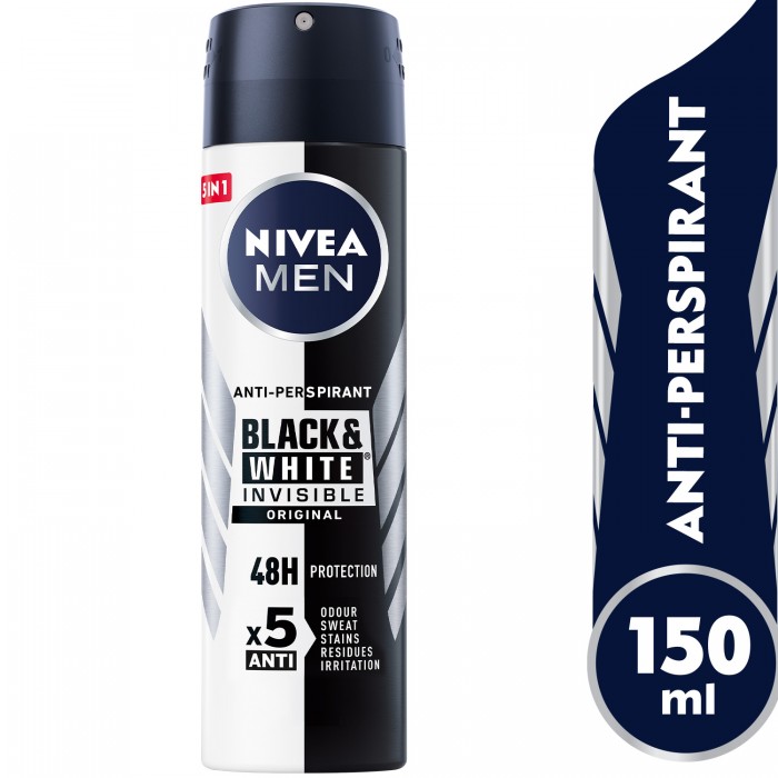 NIVEA MEN Antiperspirant Spray for Men, 48h Protection, Black & White Invisible Original, 150ml