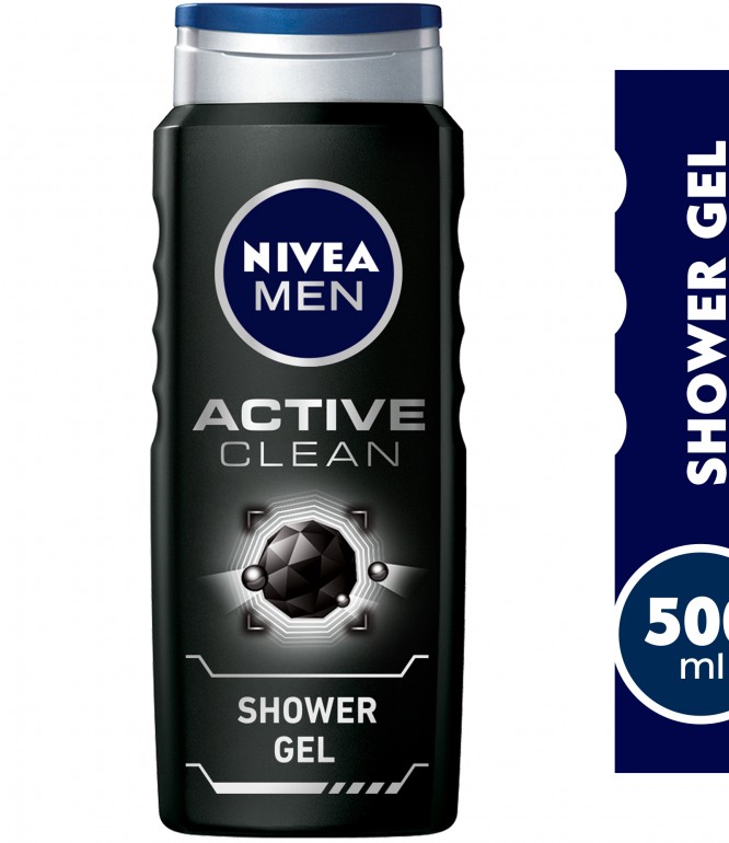 NIVEA MEN 3in1 Shower Gel, Active Clean Charcoal Woody Scent, 500ml