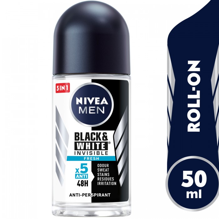 NIVEA MEN Antiperspirant Roll-on for Men, 48h Protection, Black & White Invisible Fresh, 50ml