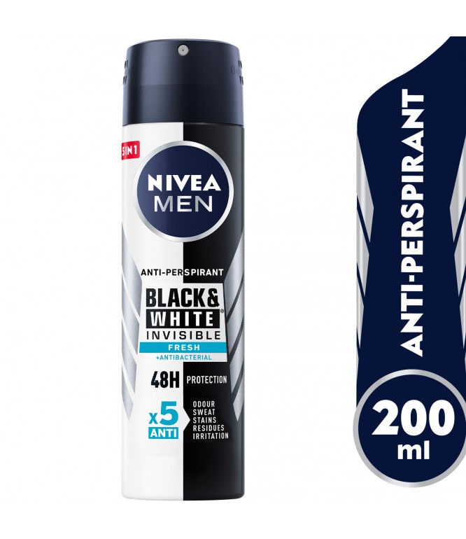 NIVEA MEN Antiperspirant Spray for Men, 48h Protection, Black & White Invisible Fresh, 200ml