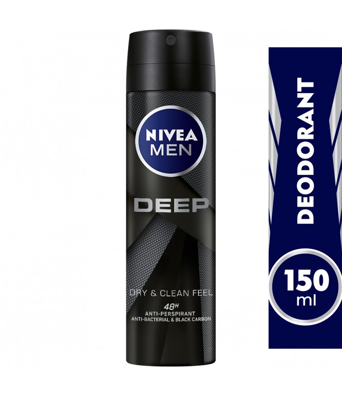 NIVEA MEN Antiperspirant Spray for Men, 48h Protection, DEEP Black Carbon Antibacterial, Woody Scent, 150m