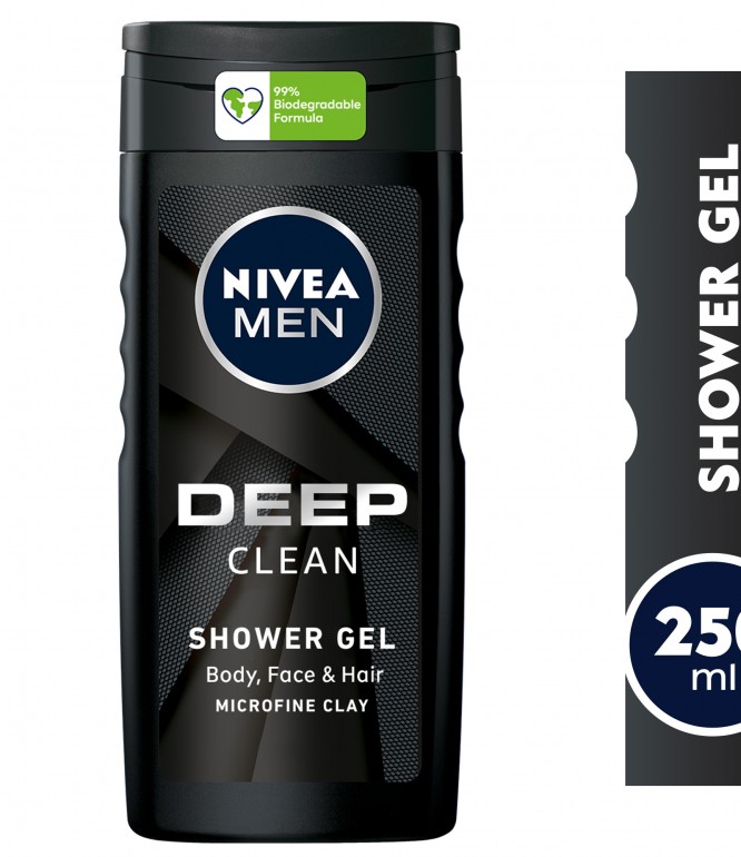 NIVEA MEN 3in1 Shower Gel, DEEP, Micro-Fine Clay, Woody Scent, 250ml