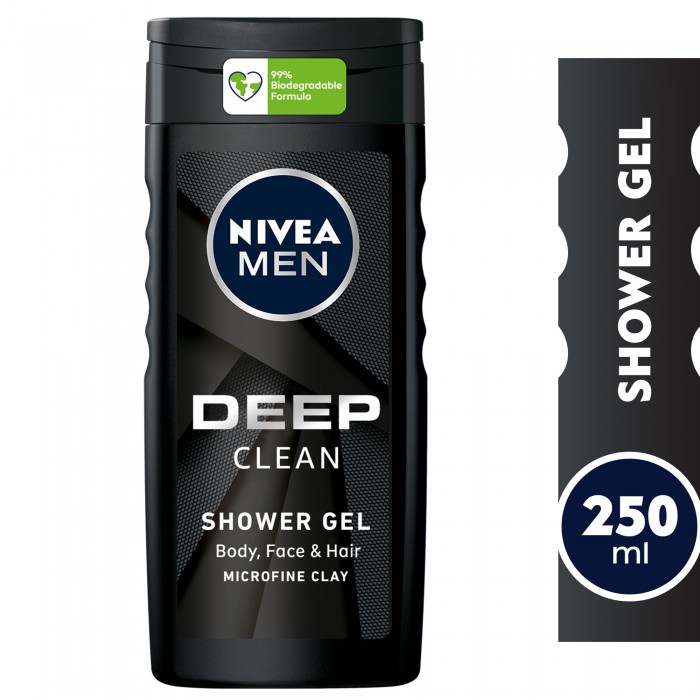 NIVEA MEN 3in1 Shower Gel, DEEP, Micro-Fine Clay, Woody Scent, 250ml