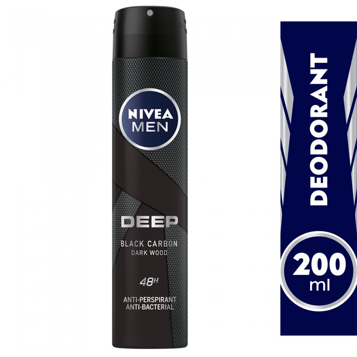 NIVEA MEN Antiperspirant Spray for Men, 48h Protection, DEEP Black Carbon Antibacterial, Woody Scent, 200ml