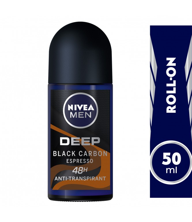 NIVEA MEN Antiperspirant Roll-on for Men, 48h Protection, DEEP Black Carbon Antibacterial, Espresso Scent, 50ml