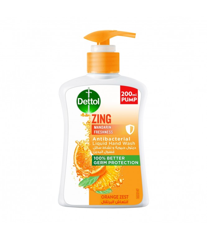 Dettol Zing Antibacterial Liquid Hand Wash Pump Mandarin Freshness With Orange Zest 200Ml