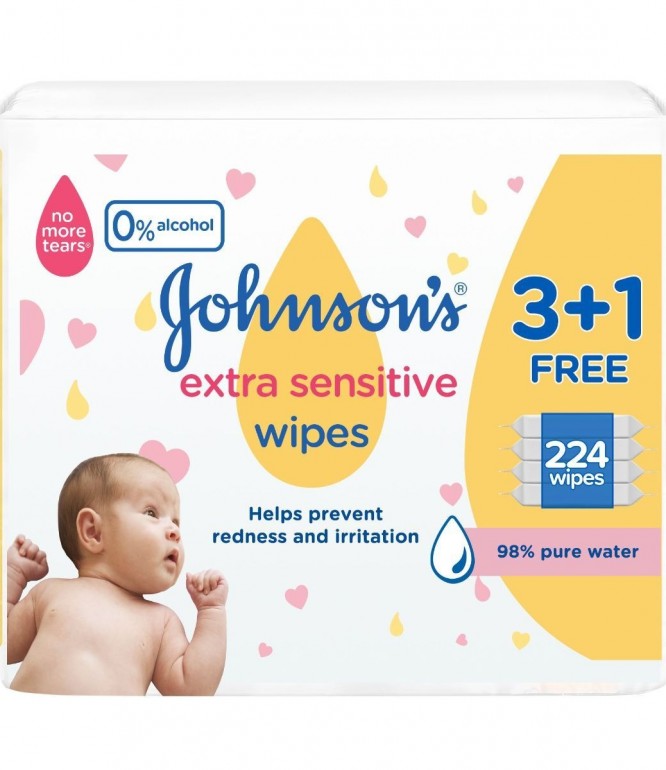 Johnson’S Baby Wipes Extra Sensitive 3+1 Packs Of 56 Wipes 