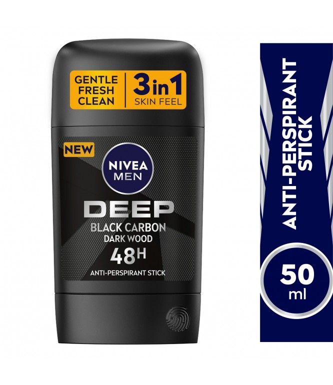 NIVEA MEN Antiperspirant for Men, DEEP Black Carbon, Antibacterial, Stick 50ml